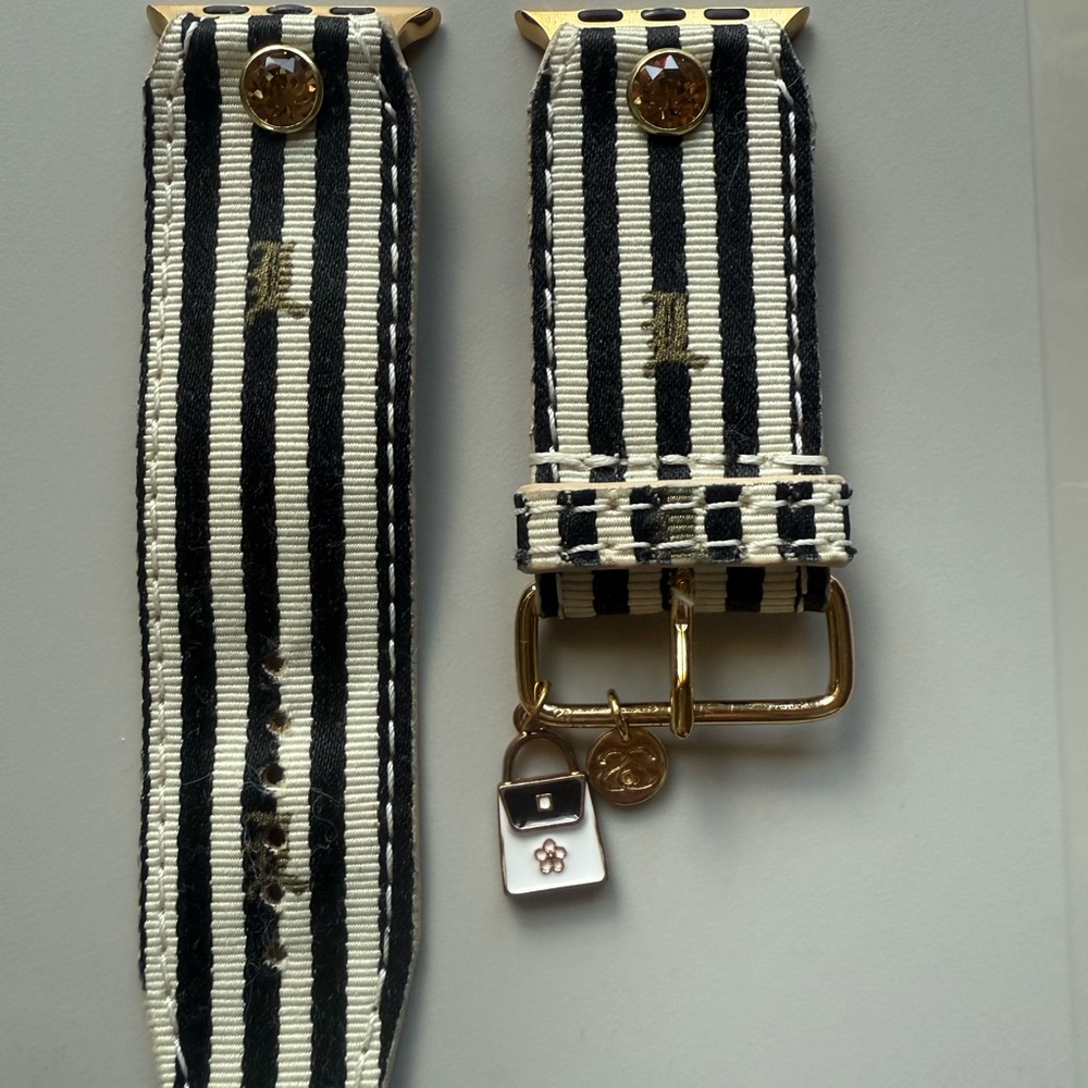 Striped Black and White Watch Band with Gold Accents